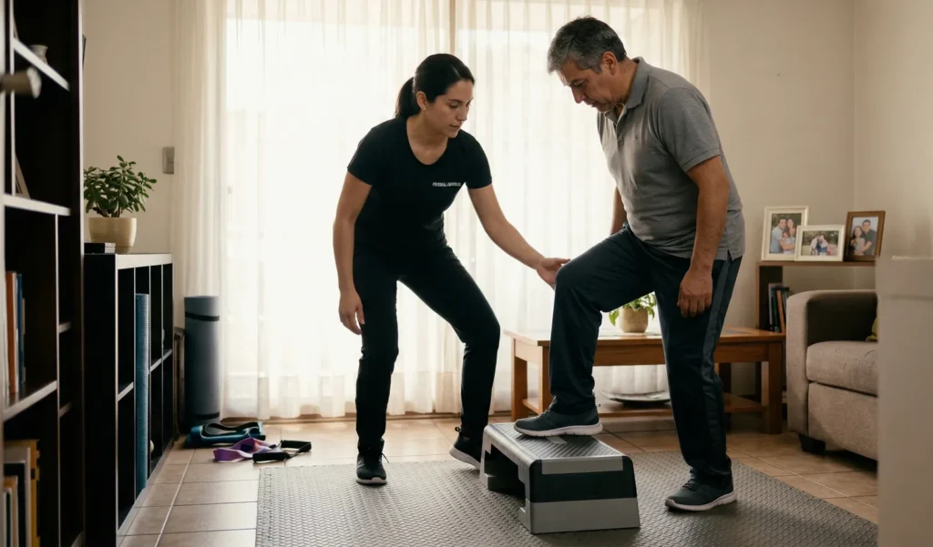Kinesióloga guiando a un paciente en un ejercicio de rehabilitación de rodilla con un step, en el living de su casa