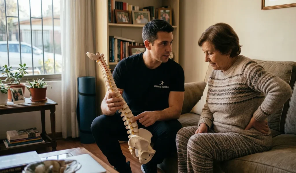 Kinesiólogo explicando con un modelo de columna el origen del dolor lumbar a una adulta mayor en su casa